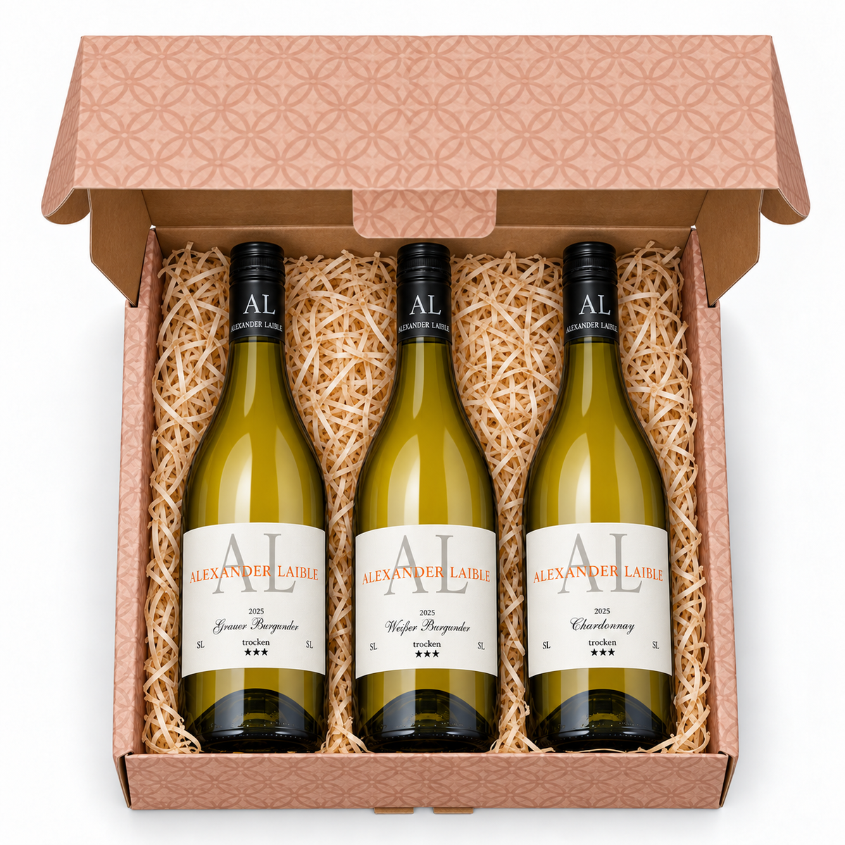 Alexander-Laible-Premiumbox aus der Draufsicht mit drei geraden 0,75-Liter-Flaschen: Grauburgunder SL, Weißburgunder SL und Chardonnay SL, jeweils drei Sterne.
