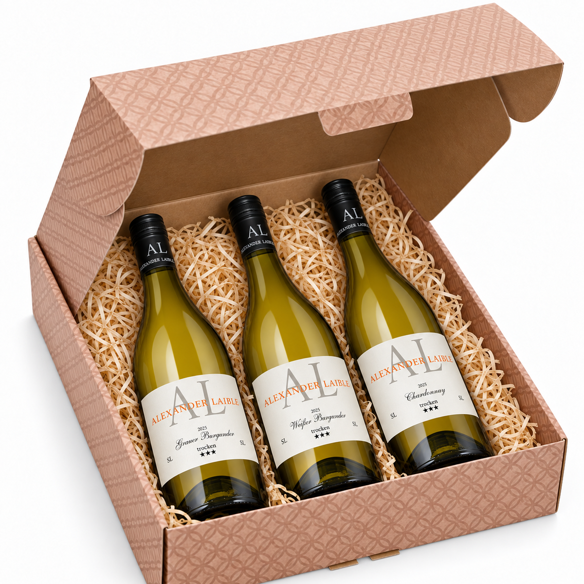 Offene Alexander-Laible-Premiumbox mit Grauburgunder SL, Weißburgunder SL und Chardonnay SL, jeweils drei Sterne und 0,75 l.