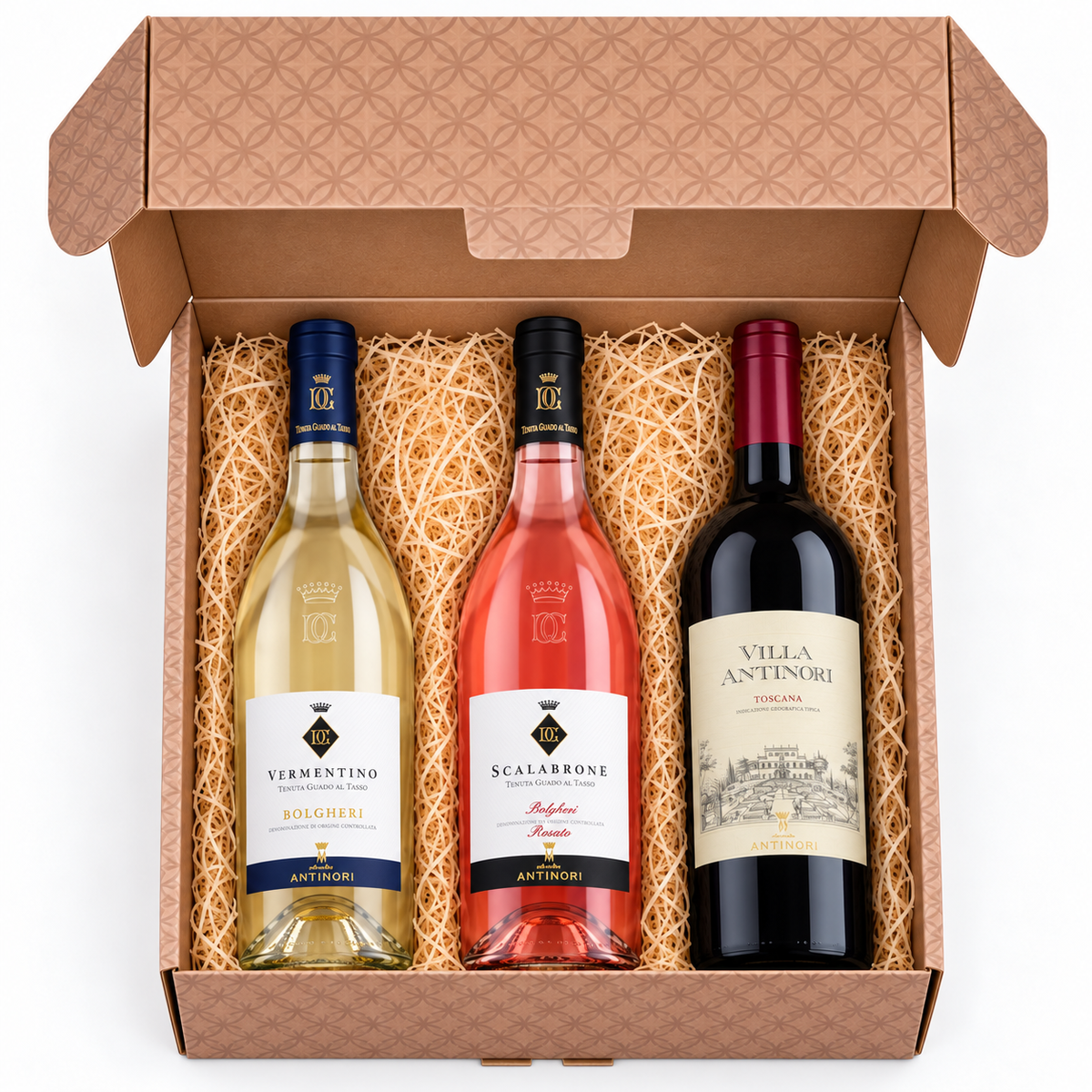 Draufsicht der Antinori Premium-Geschenkbox mit drei parallel liegenden 0,75-Liter-Flaschen: Vermentino, Scalabrone und Villa Antinori Rosso.