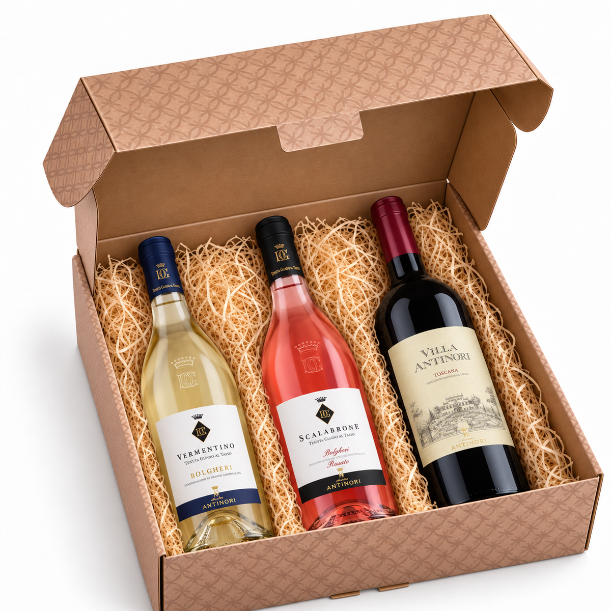 Offene Antinori Premium-Geschenkbox mit Bolgheri Vermentino, Scalabrone Rosato und Villa Antinori Rosso, je 0,75 l.