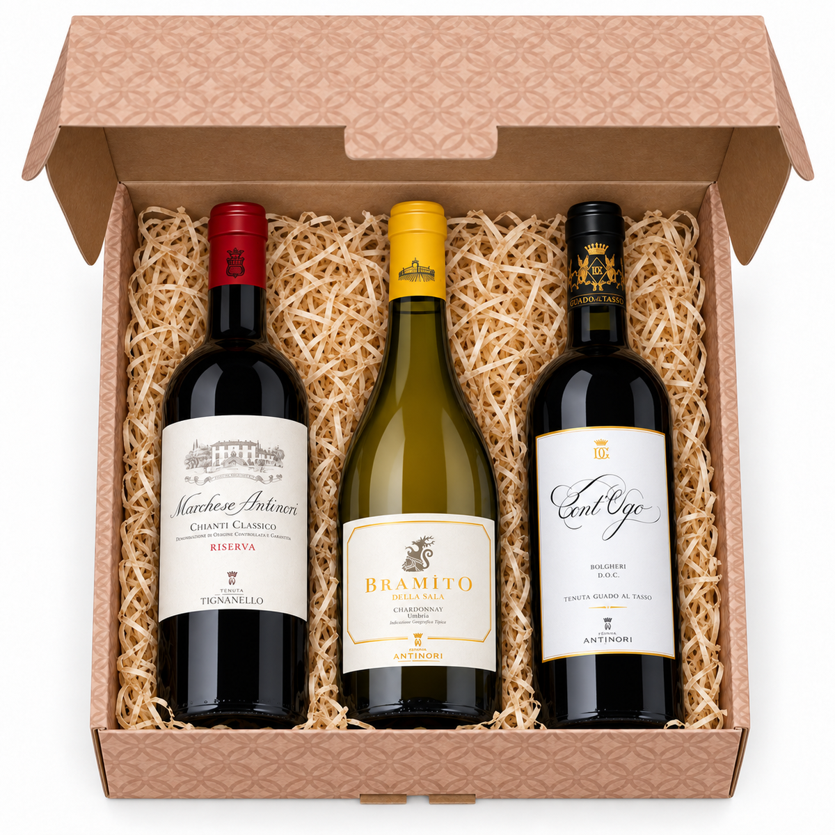 Draufsicht der Antinori Premium-Geschenkbox: Marchese Antinori, Bramìto della Sala in der Mitte und Cont’Ugo, je 0,75 l.