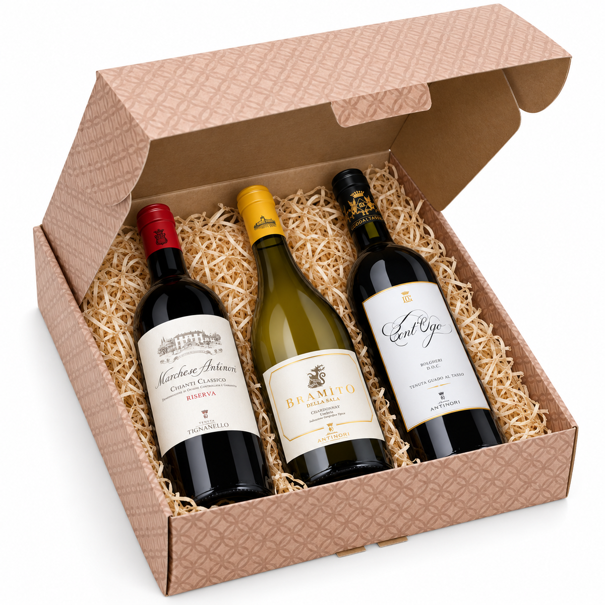 Antinori Premium-Geschenkbox mit Marchese Antinori links, Bramìto della Sala mittig und Cont’Ugo rechts.