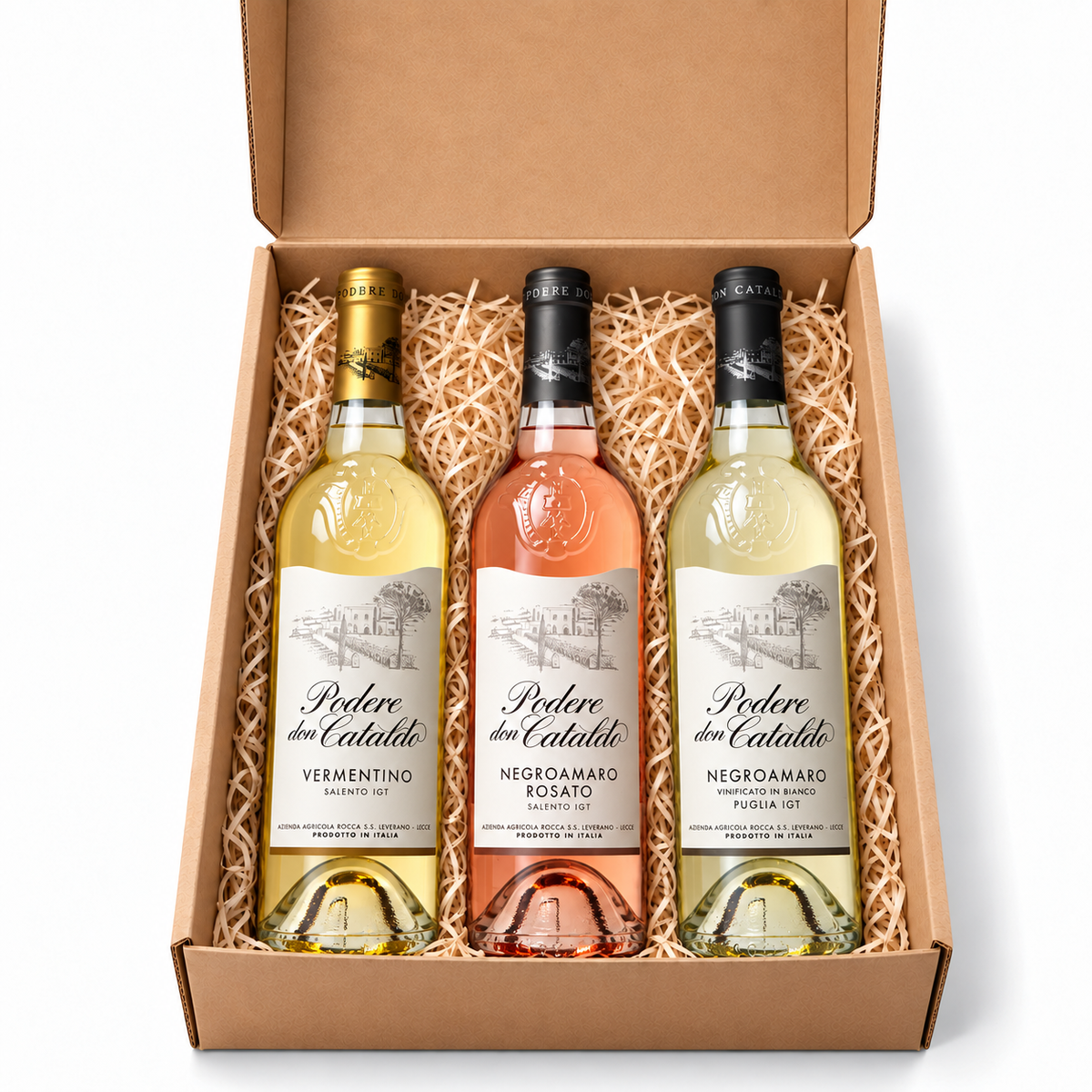 Offene Podere Don Cataldo Luce del Salento Geschenkbox mit Vermentino, Negroamaro Rosato und Negroamaro Vinificato in Bianco, drei geraden 0,75-Liter-Flaschen mit geprägtem Glas.