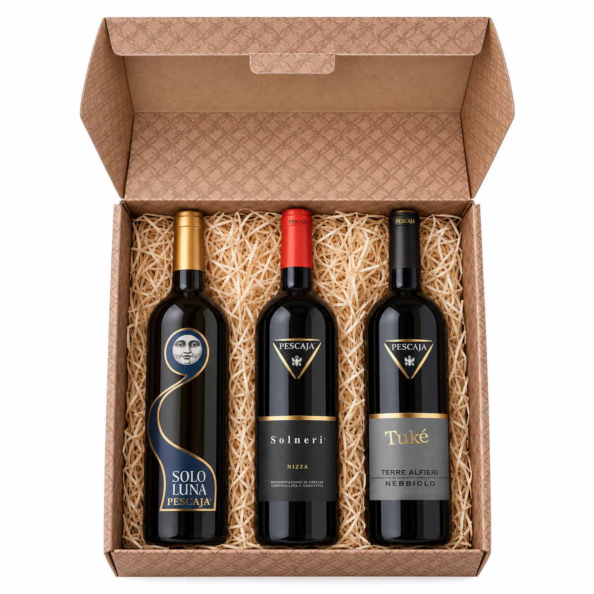 Draufsicht auf die offene Pescaja Premium-Geschenkbox mit Solo Luna, Solneri Nizza und Tuké Nebbiolo.