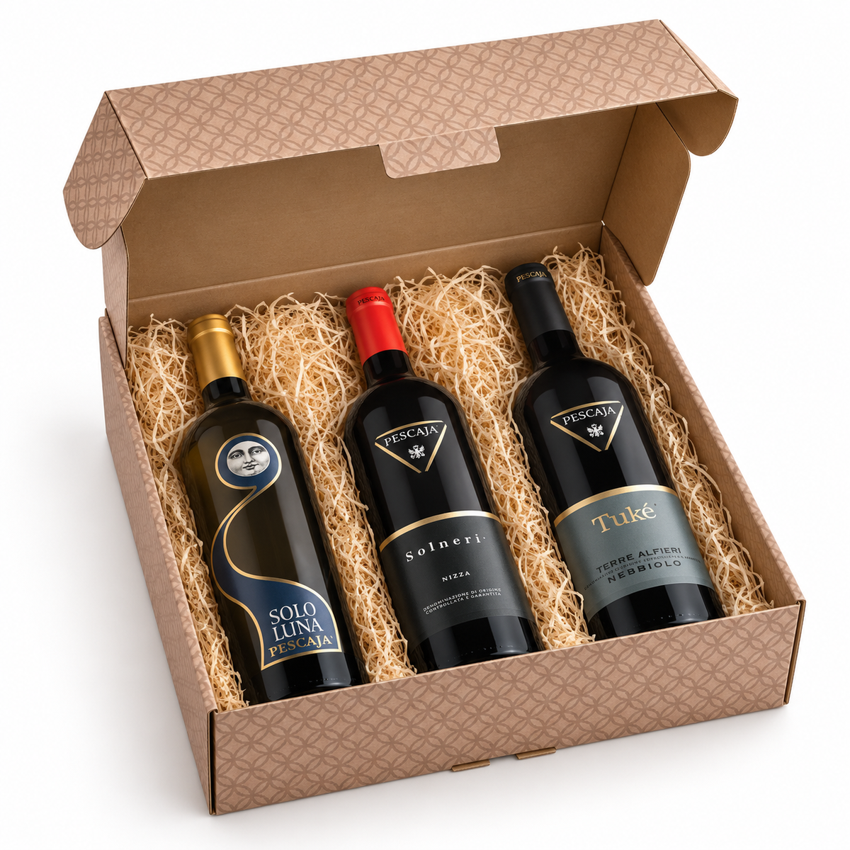 Offene Pescaja Anima del Piemonte Premium-Geschenkbox mit drei parallelen 0,75-l-Flaschen Solo Luna, Solneri Nizza und Tuké Nebbiolo.