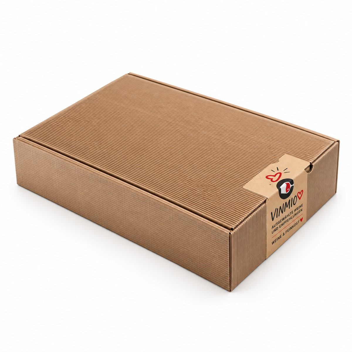 Geschlossene Pescaja Selezione Bianca Geschenkbox mit VINMIO-Kraftpapier-Siegel an der Öffnung, Kartonmaß 375 × 255 × 83 mm.