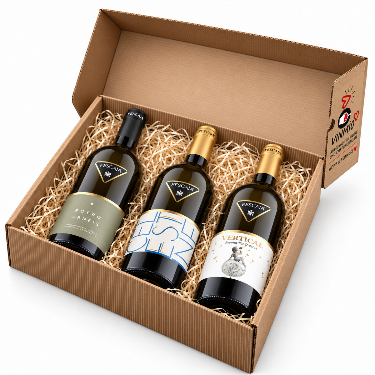 Offene Pescaja Selezione Bianca Geschenkbox, 375 × 255 × 83 mm, mit drei Weißweinen und VINMIO-Siegel an der seitlichen Öffnung.