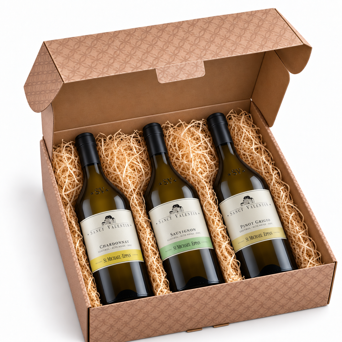 Beispiel einer Sanct Valentin Premiumbox mit Chardonnay, Sauvignon und Pinot Grigio, drei geraden 0,75-Liter-Flaschen.